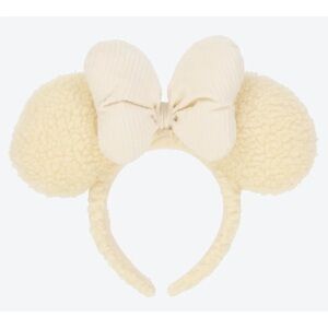 Japan Tokyo Disney Resort Off-White Fluffy Sherpa Minnie Ear Headband NEW